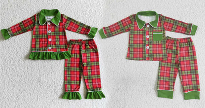Matching Baby girls boys Christmas red green button pajamas clothing