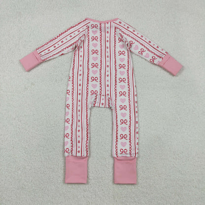 LR2781 baby girls stripe pink red bow zipper long sleeves romper