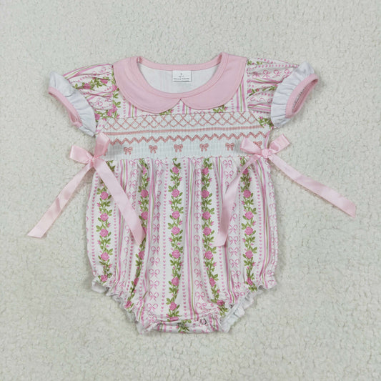 SR2994 Baby girls flower leaf pink bow romper embroidery