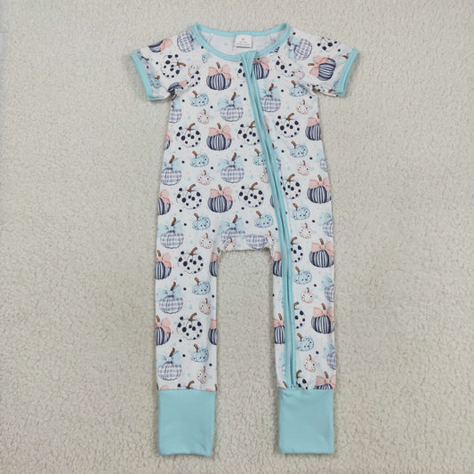 SR3109 baby Boys blue short sleeve pumpkin zipper romper