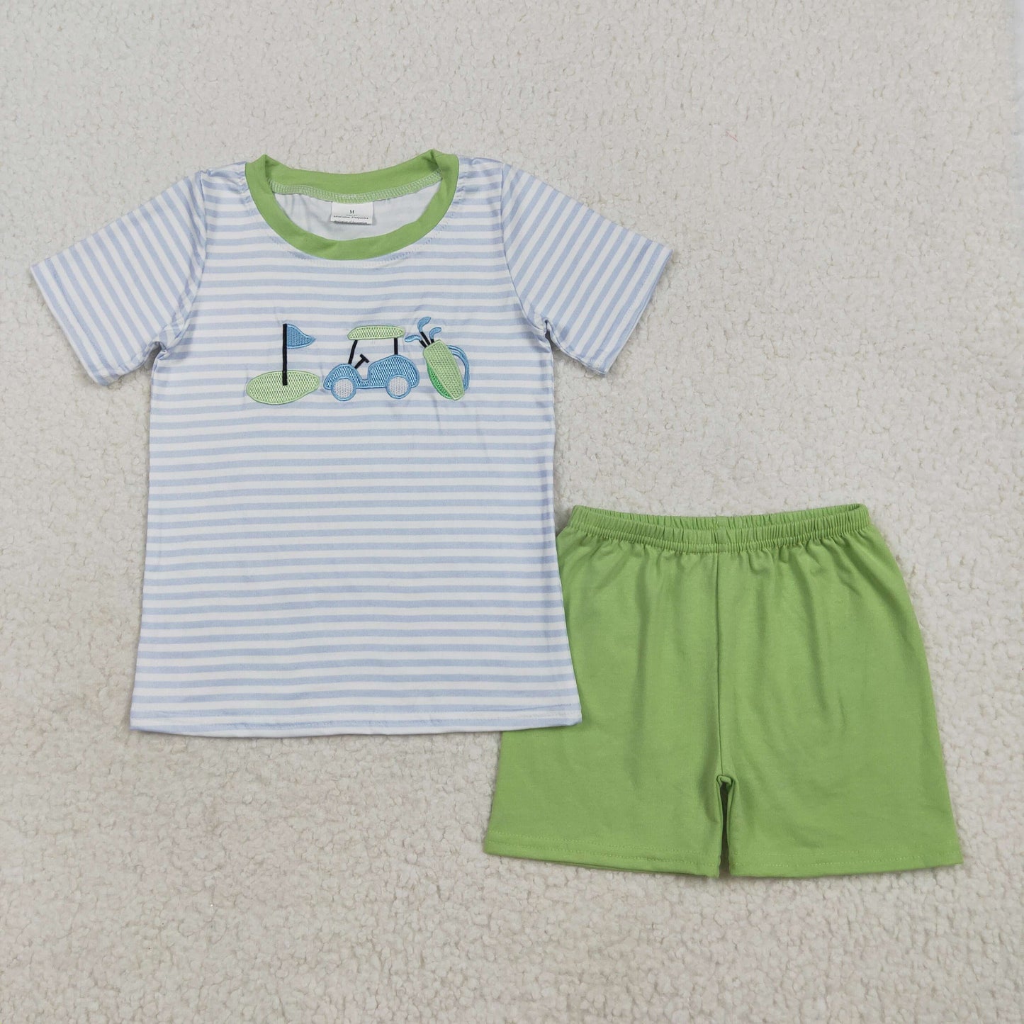 BSSO1504 Boys blue stripe short sleeve golf green shorts outfits embroidery