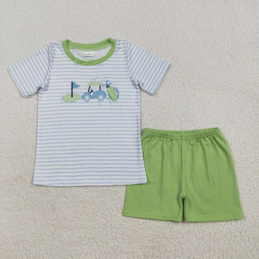 BSSO1504 Boys blue stripe short sleeve golf green shorts outfits embroidery