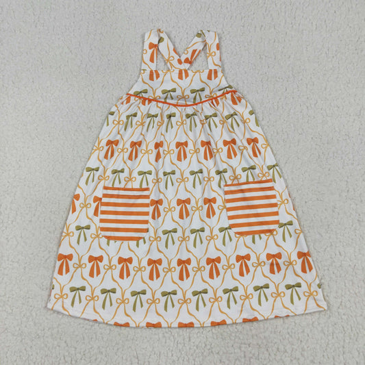 GSD2676 girls orange bow stripe pocket Dress