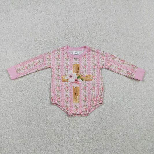 LR2837 baby girls Easter cross flower pink long sleeves romper