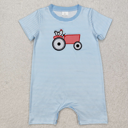 SR2406 Baby boys tractor blue romper embroidery