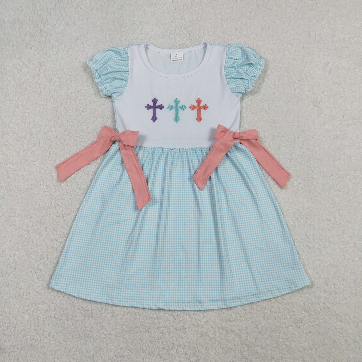 GSD2807 girls Easter short sleeves bow checkered  dress embroidery