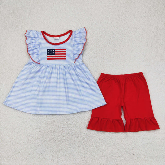 GSSO2238 baby girls July Fourth blue flying sleeve red shorts outfits embroidery
