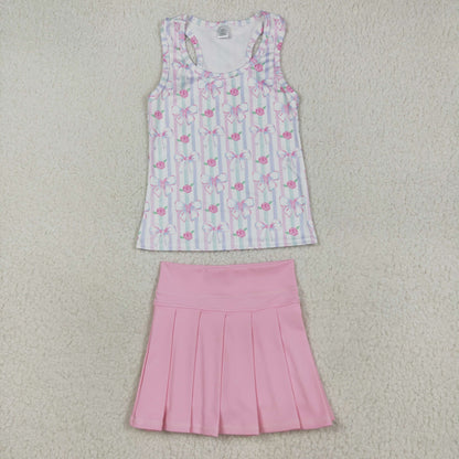 GSD2457 girls vest bow stripe pink skirt outfits yoga