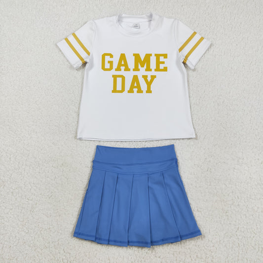 GSD2741 girls GAME DAY vinyl white short sleeve yoga blue skirt outfits
