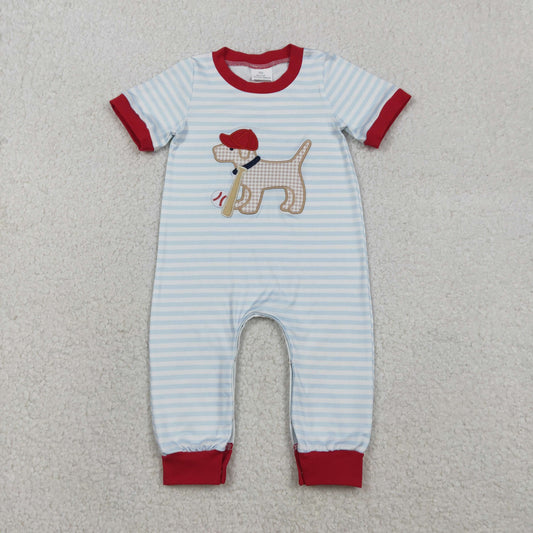 SR3330 baby boys puppy blue stripe short sleeves romper embroidery