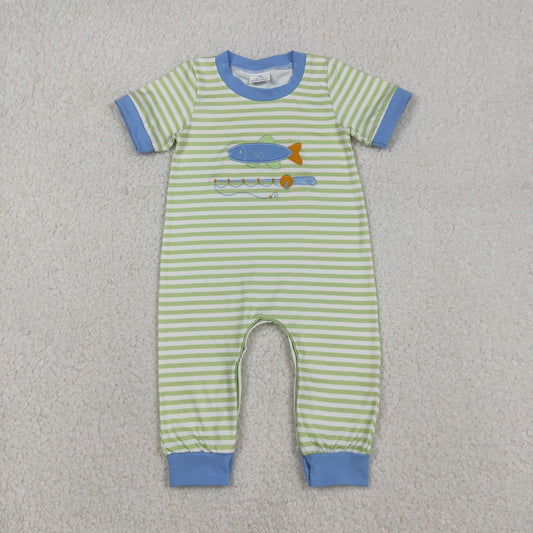 SR3329  baby boys fish stripe short sleeves romper embroidery