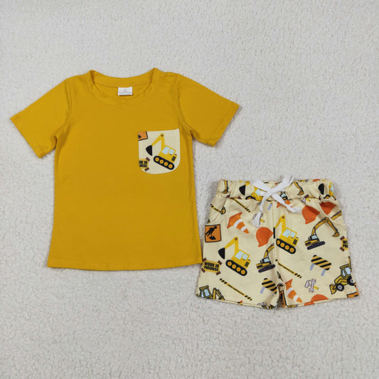 BSSO0529  Boys yellow short sleeve pocket tractor Outfits