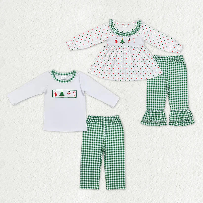 Matching Baby boys girls Christmas long sleeve green cheeckered outfits embroidery