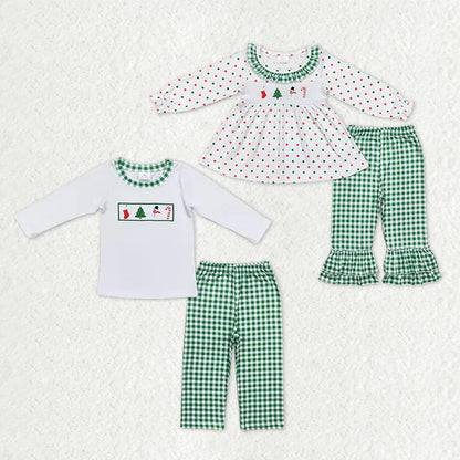 Matching Baby boys girls Christmas long sleeve green cheeckered outfits embroidery