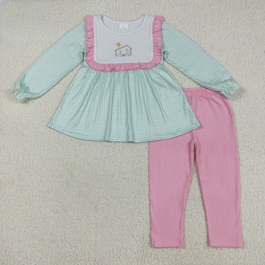 GLP2410 baby Girls Jesus green checkered pink long pant outfits