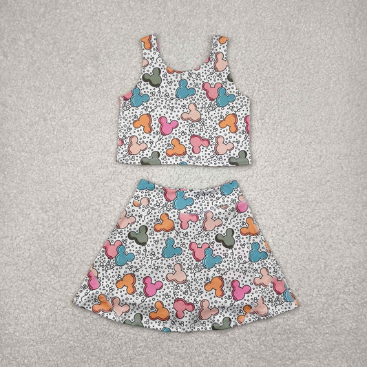 GSD2331 girls sleeveless cartoon mouse dot skirt outfits yoga