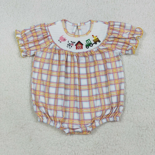SR2982 Baby girls yellow checkered form romper smocked