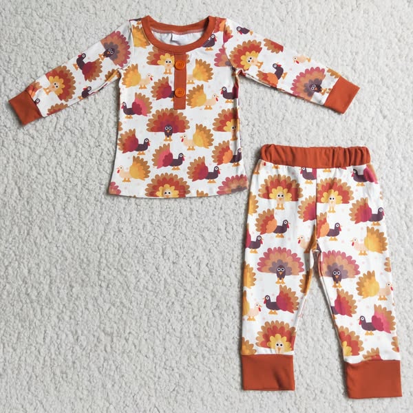 Matching Baby girls boys Thanksgiving orange button pajamas clothing