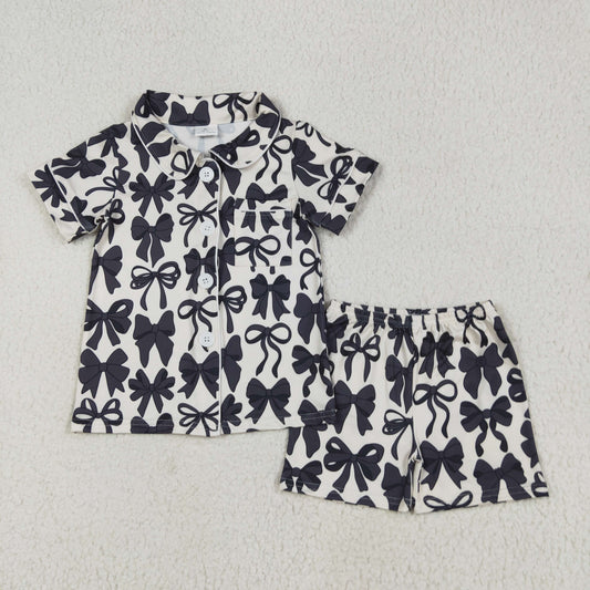 GSSO2663 baby girls short sleeve shorts black bow button pajamas