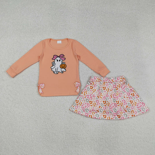 GLD1174 girls ghost bow pink orange long sleeve leopard skirt outfits embroidery