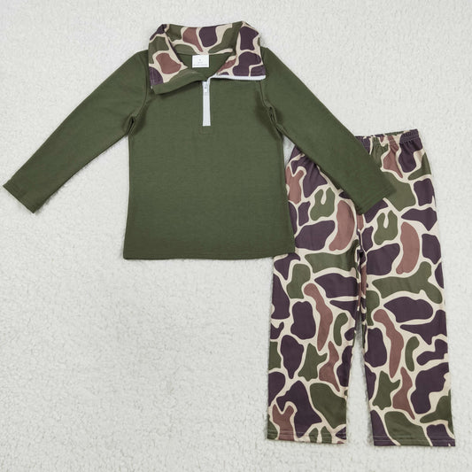 BLP1138 baby Boys long sleeve zipper dark green camo long pant outfits