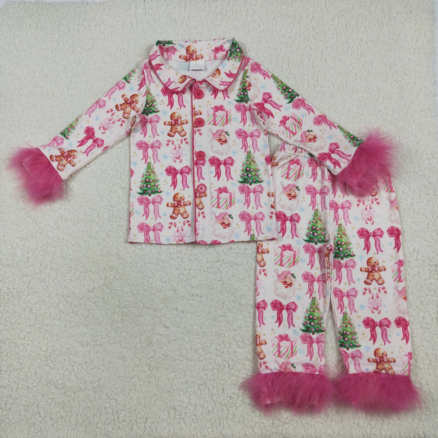 GLP2375 baby Girls Christmas button Gingerbread tree bow pink furry pajamas