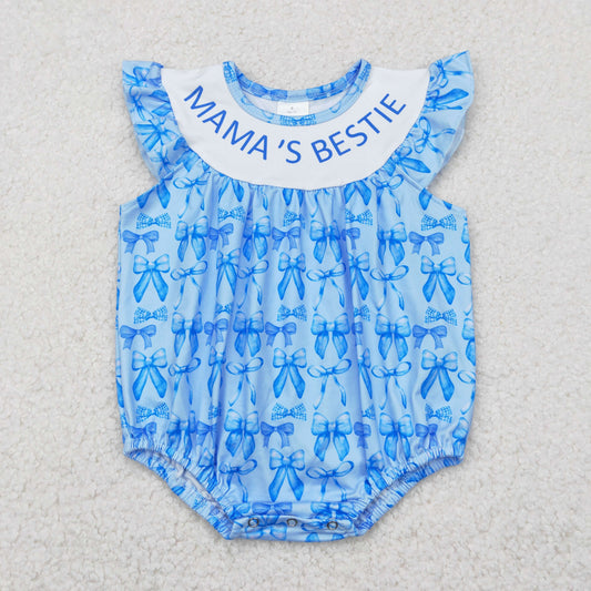 SR3039 Baby girls blue MAMA'S BESTIE flying sleeve bow romper