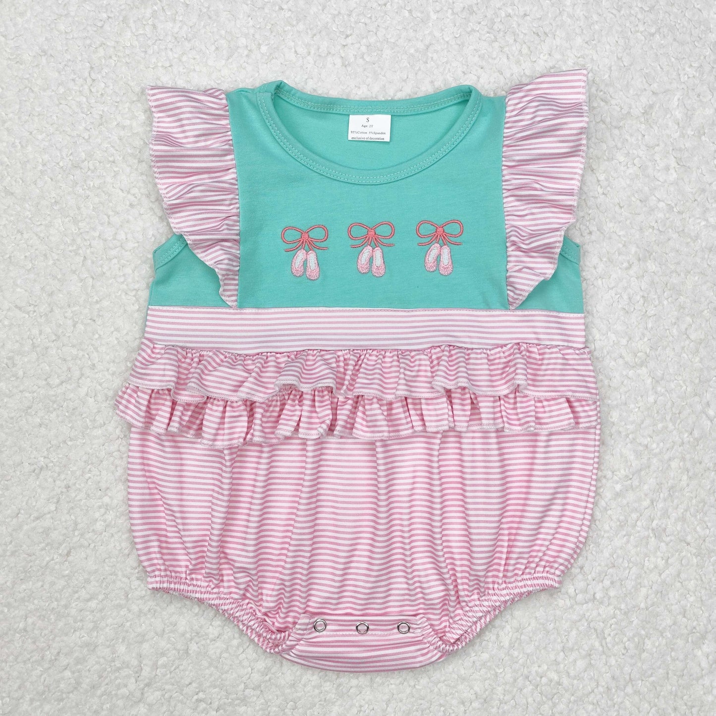 SR2326 Baby girls flying sleeve pink green romper embroidery