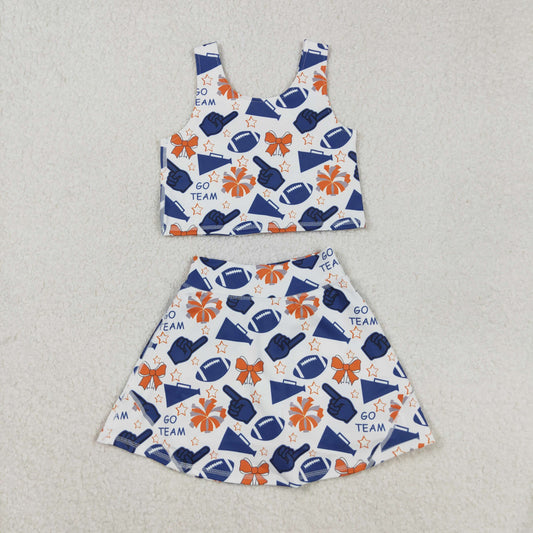 GSD2694  girls vest orange navy skirt GO TEAM cheer outfits yoga