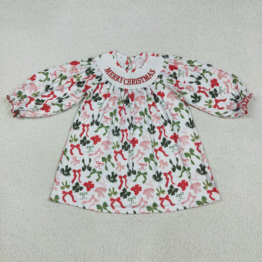 GLD1094 baby girls MERRY Christmas red green bow dress smocked
