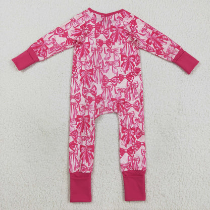 LR2365 baby girls pink rose bow zipper romper