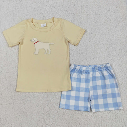 BSSO1058 baby Boys yellow puppy  blue plaid shorts outfits embroidery