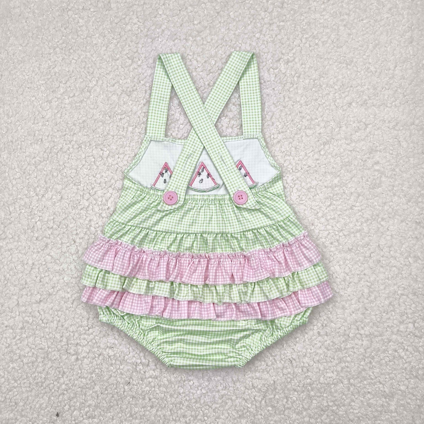 SR2764 Baby girlspink flying sleeve watermelon green romper embroidery