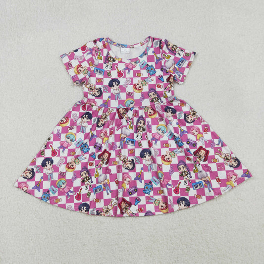GSD2919 Baby Girls cartoon rose checkered short sleeve dress