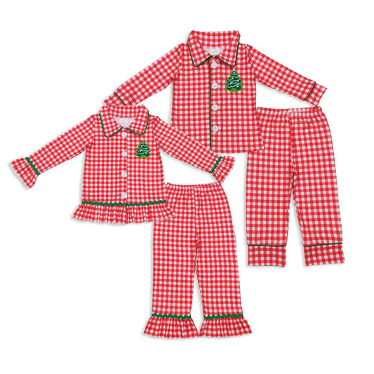 Matching Baby boys girls Christmas button long checkered sleeves pajamas embroidery