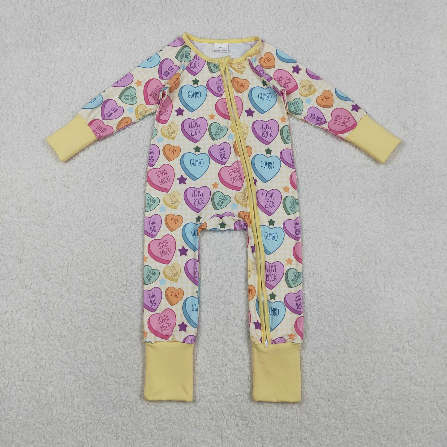 LR2778 baby girls Valentine's Day zipper yellow long sleeves romper