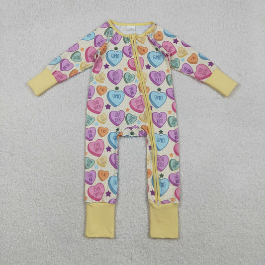 LR2778 baby girls Valentine's Day zipper yellow long sleeves romper