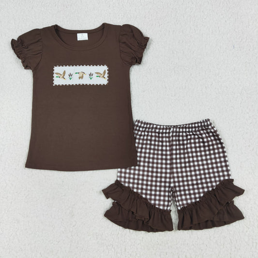 GSSO2672 baby girls puff sleeve brown checkered duck shorts outfits embroidery