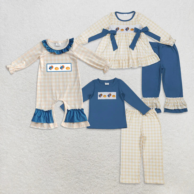 Matching Baby girls boys turkey checkered omper outfits romper clothing embroidery