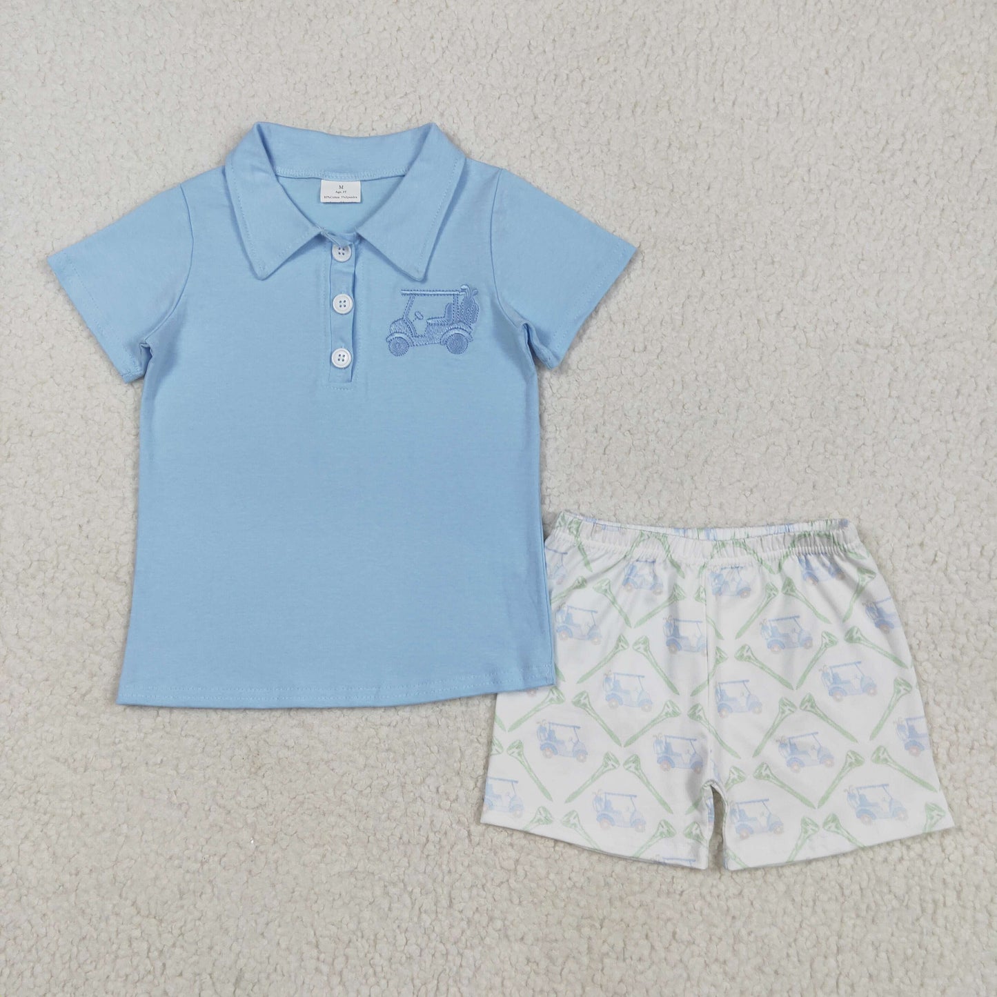 BSSO1494 Boys blue short sleeve golf car shorts outfits embroidery