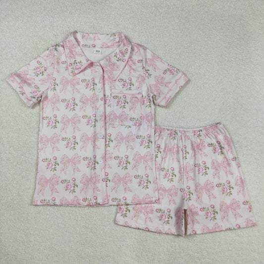 GSSO1779 Adult women pink bow floral shorts pajamas