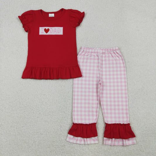 GSPO2072 Girls I LOVE DAD red puff sleeve checkered outfits embroidery