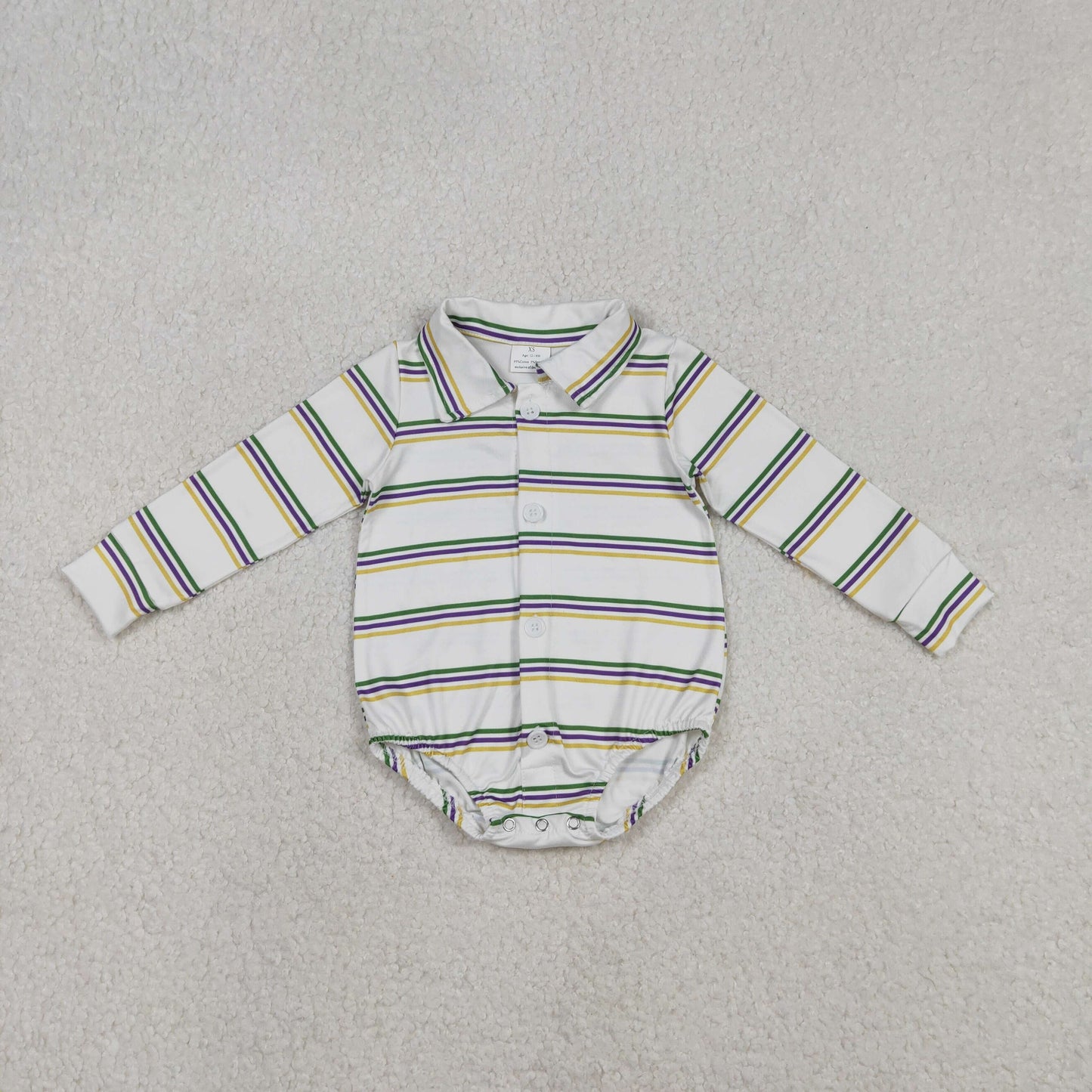 LR2880 baby boys Mardi Gras stripe button long sleeves romper