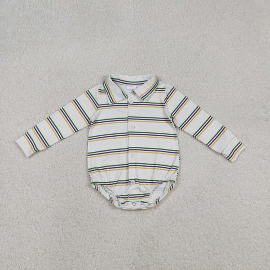LR2880 baby boys Mardi Gras stripe button long sleeves romper