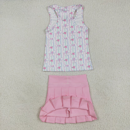 GSD2457 girls vest bow stripe pink skirt outfits yoga