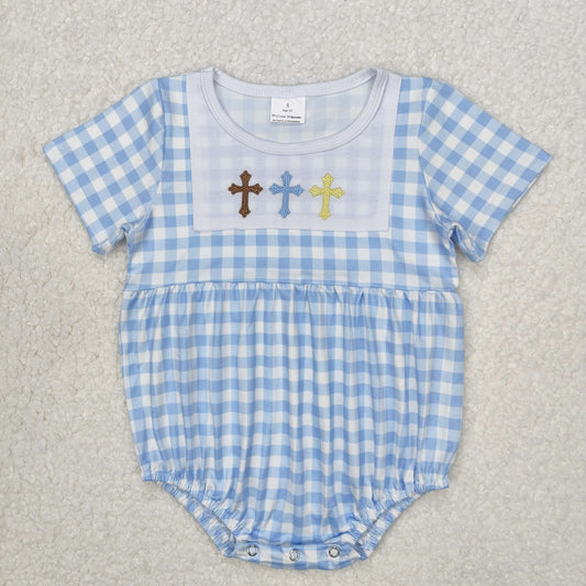 SR2134 Baby boys Cross blue plaid short sleeve boy romper embroidery