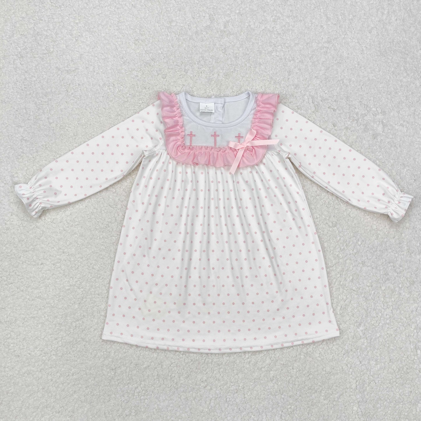 GLD0981 baby Girls pink cross long sleeve lace neck Dress embroidery