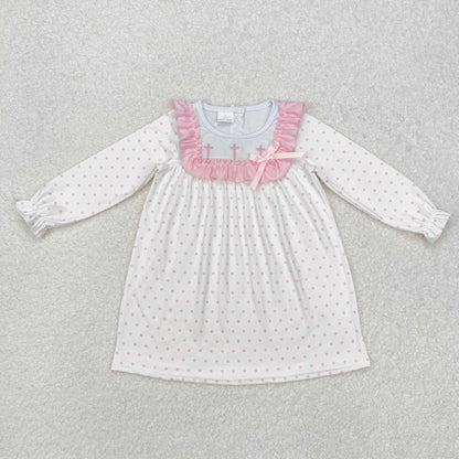 GLD0981 baby Girls pink cross long sleeve lace neck Dress embroidery