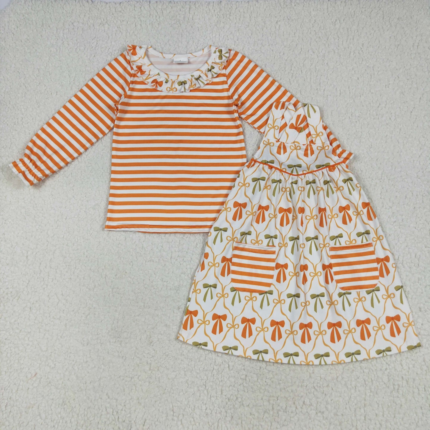 GLD1110 girls orange long sleeve pocket bow dress Outfits