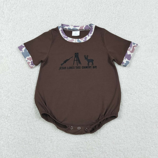 SR3280 baby boys brown camo short sleeve romper embroidery
